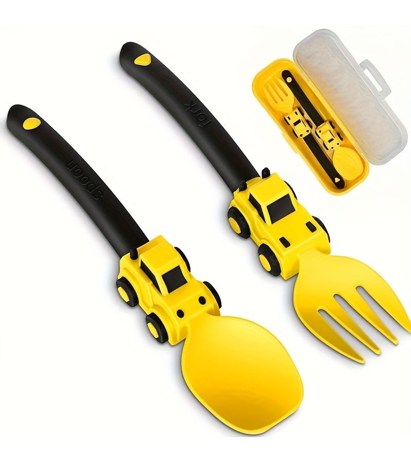 Light Blue Kids Fun Cartoon Racing Fork and Spoon Self-Feeding Set Gift - Image 1