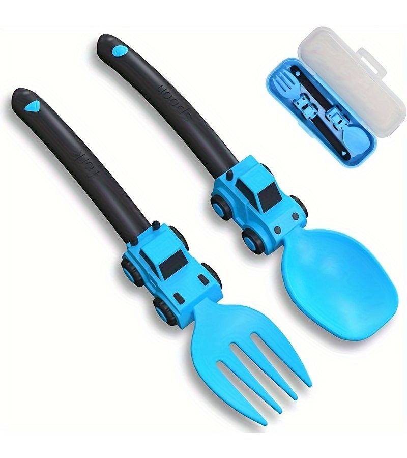 Light Blue Kids Fun Cartoon Racing Fork and Spoon Self-Feeding Set Gift - Image 5
