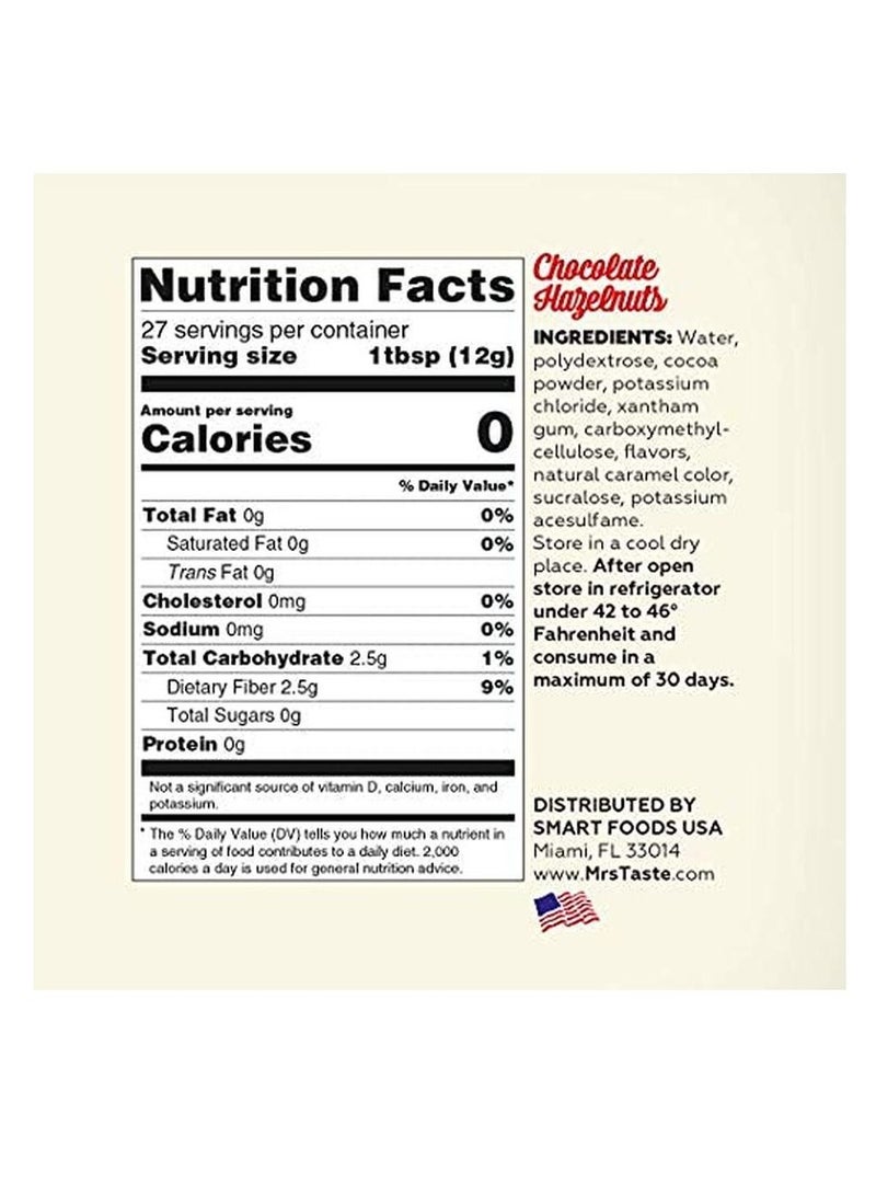 Mrs Taste Sugar Free and Zero Calories Chocolate Hazelnut Syrup 335 gm - Image 2