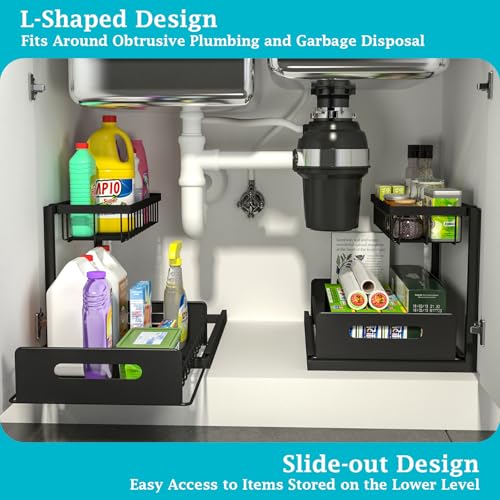 REALINN Under Sink Organizer, Pull Out Cabinet Organizer Slide Out Sink Shelf Cabinet Storage Shelves, Storages for Kitchen Bathroom, Black, 2 Pack - Image 2