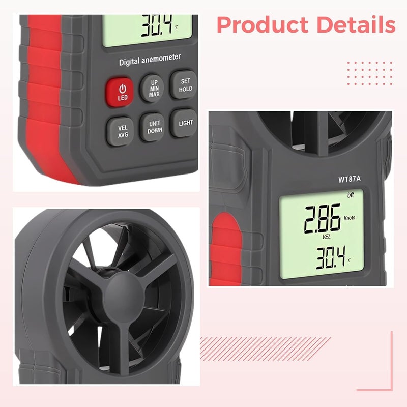 Wind Speed Meter, Wt87A High Precision Handheld Digital Anemometer, Backlit LCD, Max/Min/Avg, Multi-Unit Display for Wind Temperature, 7.1 X 5.1 X 2.4 in Outdoor - Image 2