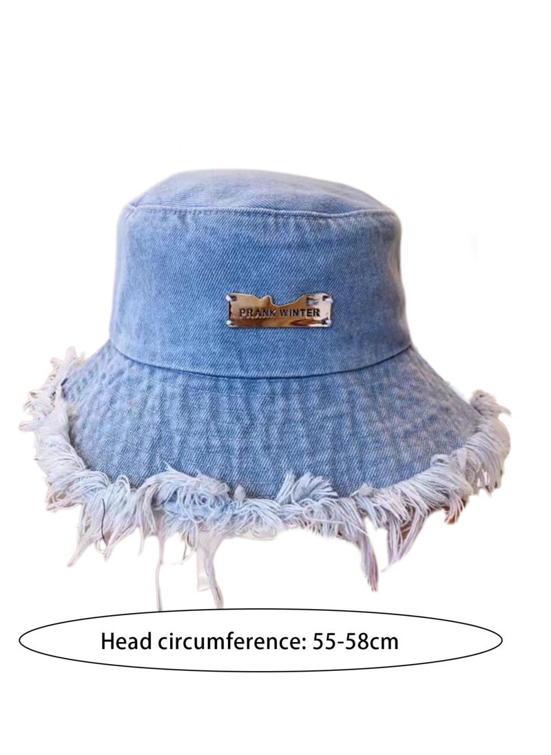 Excefore - Denim Bucket Hats, Sun Hats for Beach Vacation, Unisex Wide Brim Fisherman Hats, Y2K Tassel Bucket Cap, Aesthetic Foldable Panama Hats, Summer Casual Cotton Distressed Ripped Edge Design(Large Brim) - Image 1
