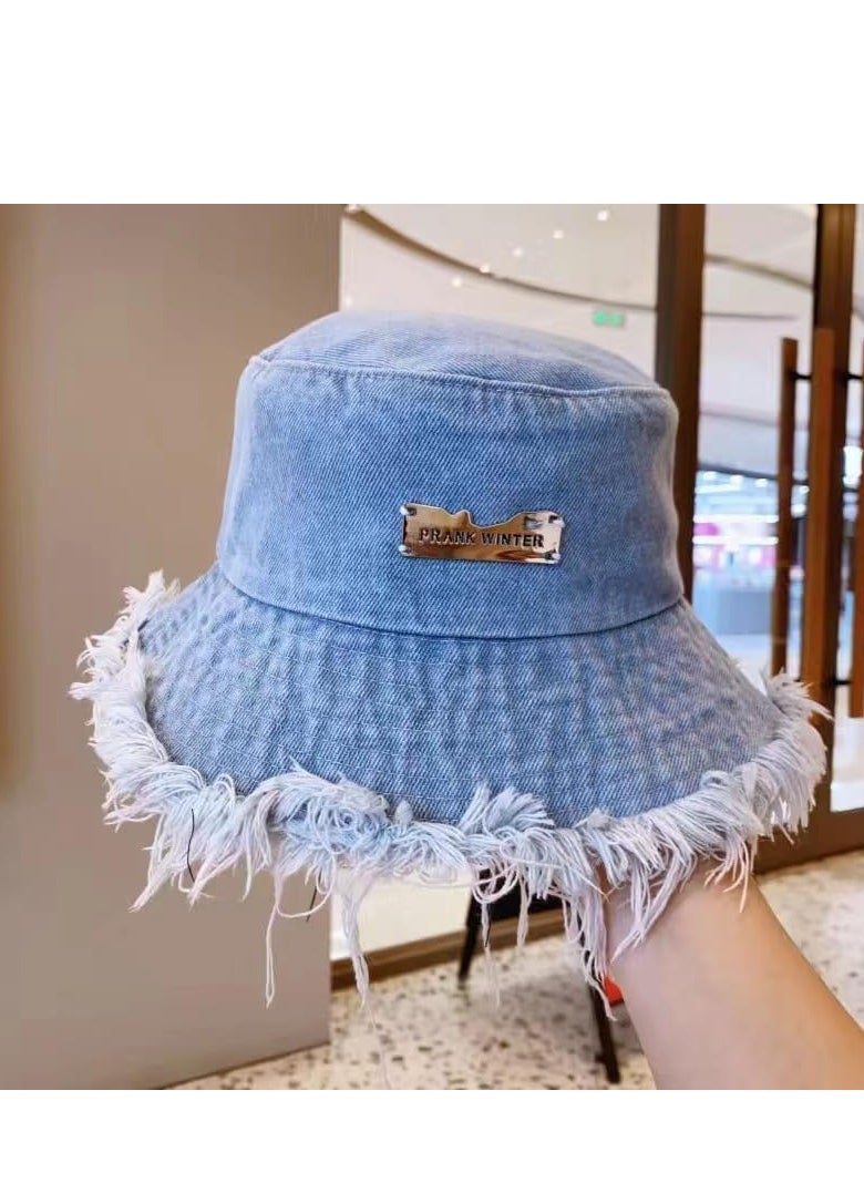 Excefore - Denim Bucket Hats, Sun Hats for Beach Vacation, Unisex Wide Brim Fisherman Hats, Y2K Tassel Bucket Cap, Aesthetic Foldable Panama Hats, Summer Casual Cotton Distressed Ripped Edge Design(Large Brim) - Image 1