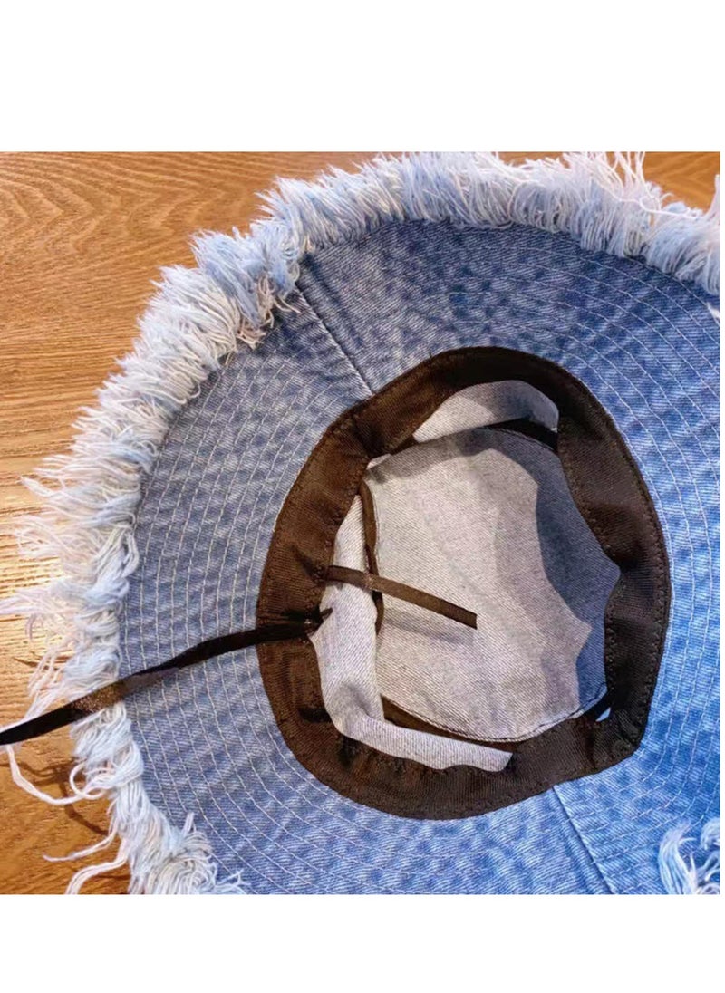 Excefore - Denim Bucket Hats, Sun Hats for Beach Vacation, Unisex Wide Brim Fisherman Hats, Y2K Tassel Bucket Cap, Aesthetic Foldable Panama Hats, Summer Casual Cotton Distressed Ripped Edge Design(Large Brim) - Image 1