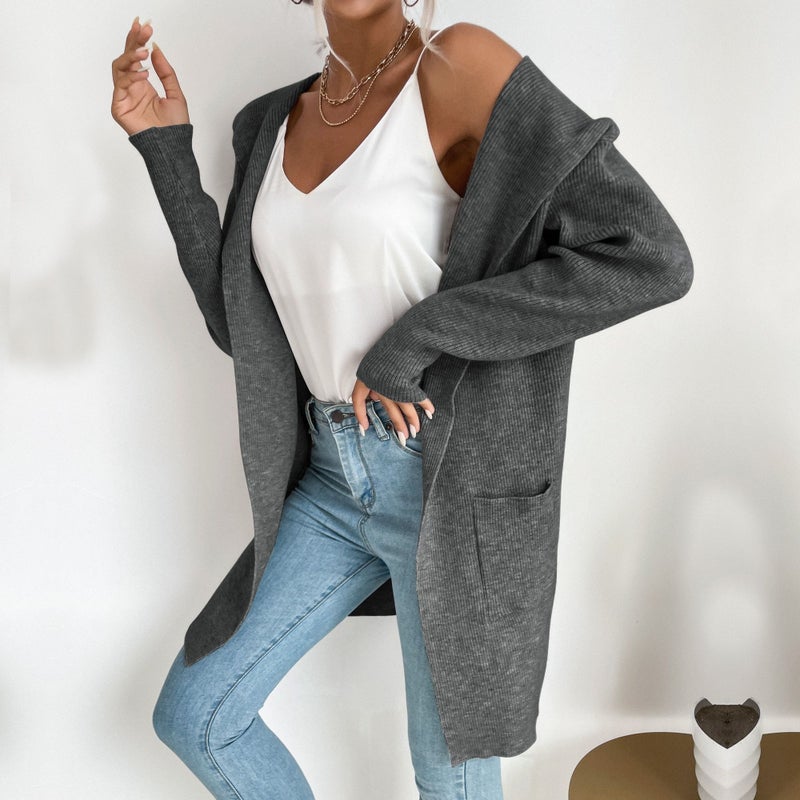 Women's Casual Knitted Cardigan - Loose Fit Hooded Sweater Coat for Autumn - Image 1