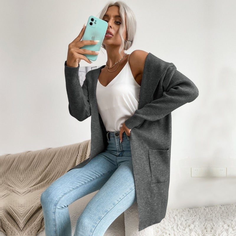 Women's Casual Knitted Cardigan - Loose Fit Hooded Sweater Coat for Autumn - Image 2