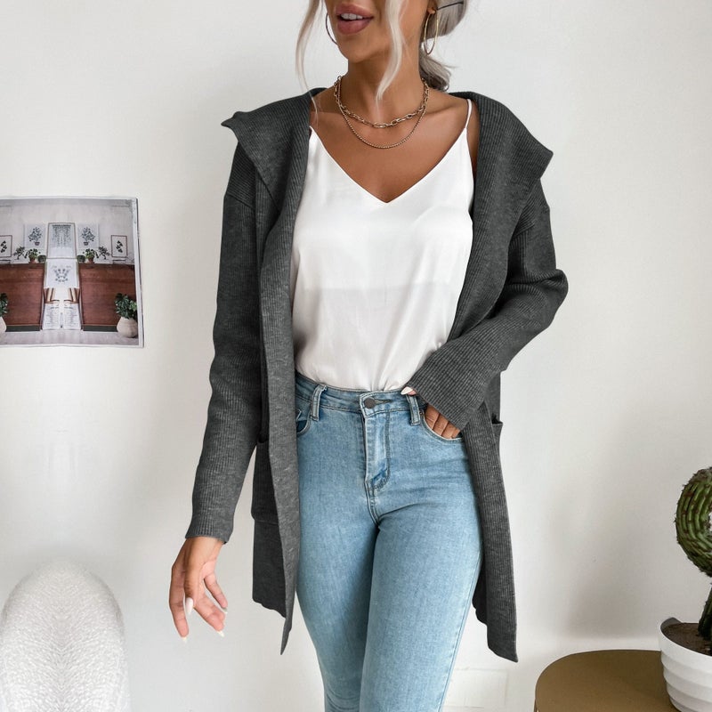 Women's Casual Knitted Cardigan - Loose Fit Hooded Sweater Coat for Autumn - Image 5