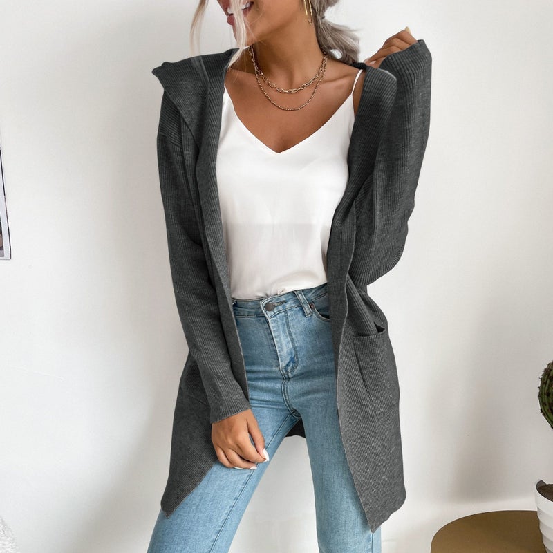 Women's Casual Knitted Cardigan - Loose Fit Hooded Sweater Coat for Autumn - Image 4