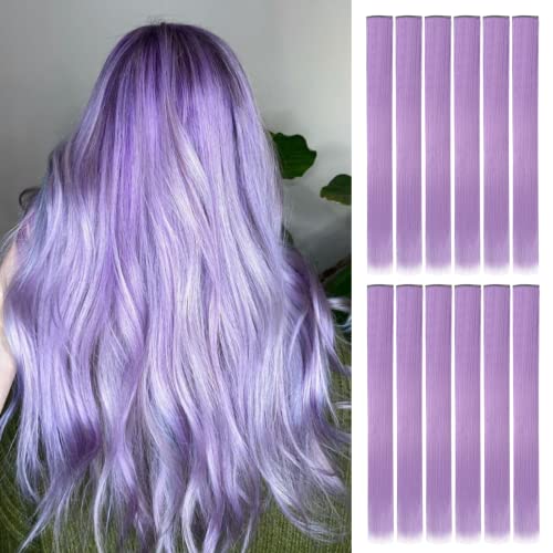 YaFex 12 Pcs Clip in Hair Extensions, 22 Inch Colored Hair Extensions Party Highlights Long Straight Synthetic Hairpieces for Women (Light Purple) - Image 1
