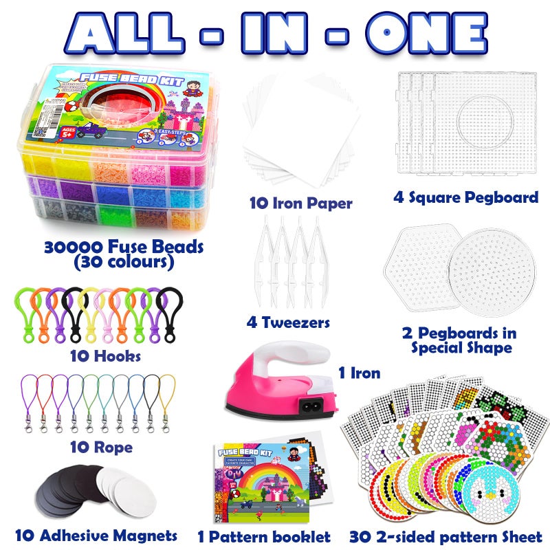 FUNZBO 30000 5mm Fuse Beads Kit with Mini Iron - 30 Colors | 60 Patterns, Christmas Homeschool Arts and Crafts Supplies for Kids, Toys Set, Art Decorations for Room, Gifts for Girls and Boys Age 5+ - Image 2