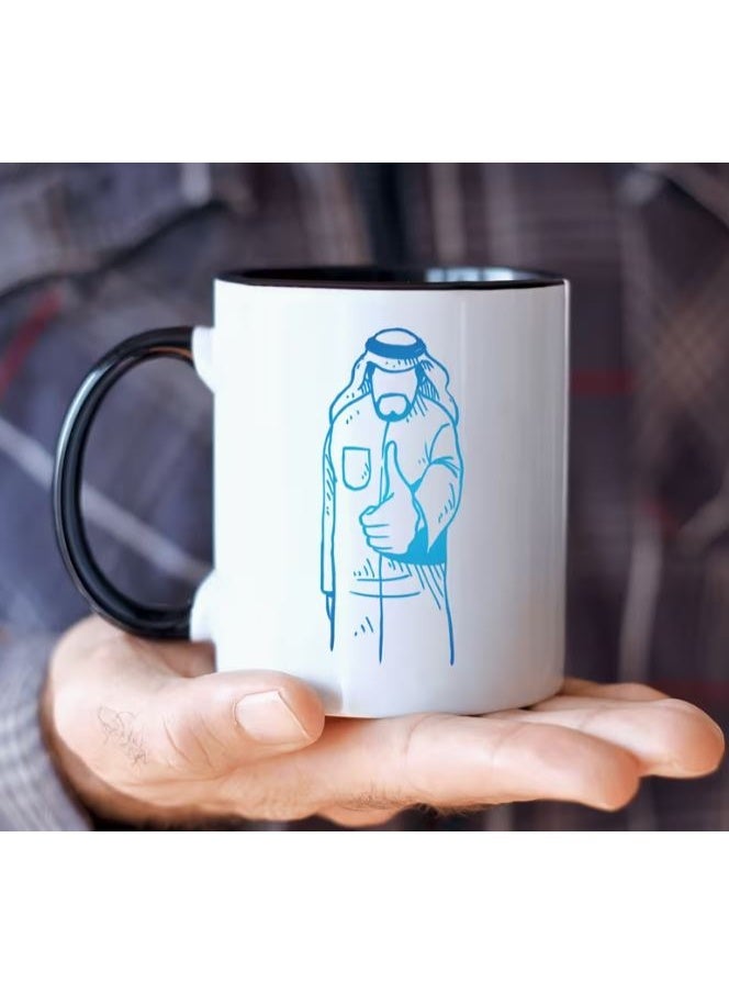 كوب قهوة سيراميك بتصميم إبهام عربي، أبيض بمقبض أسود