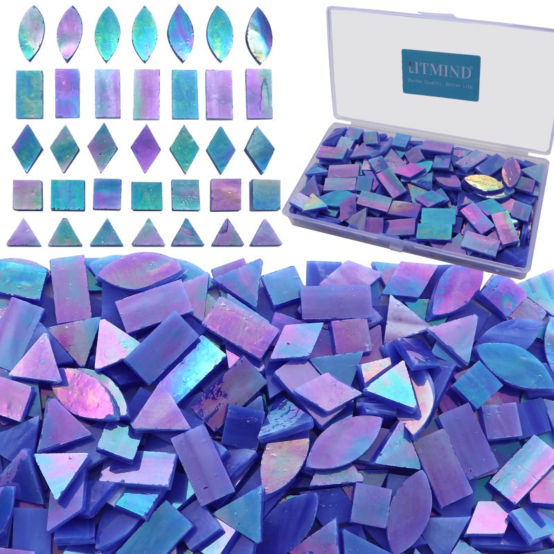 LITMIND Iridescent Glass Mosaic Tiles for Crafts 240 Pieces 5 Shapes Mixed Stained Glass Sheets Mosaic Kits for Adults Iridescent Dark Blue