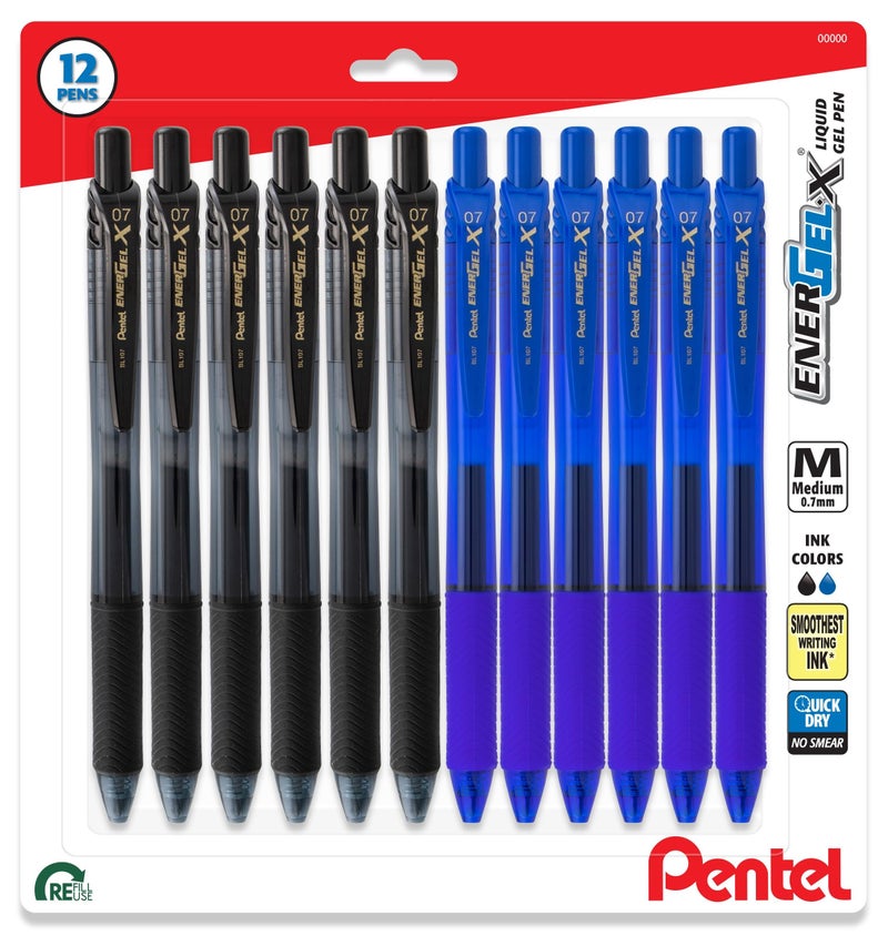 Pentel EnerGel X Retractable Liquid Gel Pen, 0.7mm, Ultra Performance, 12 Pack - 6 Black Ink and 6 Blue Ink Pens - Image 1