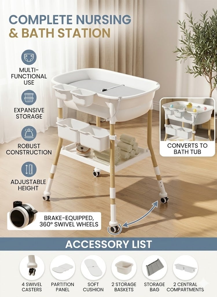 XiuWoo Portable Baby Diaper Changing Table with Bathtub Function, Height Adjustable Baby Changing Station with Wheels, Safety Belt, Storage Baskets & Drain Pipe for Babies Under 2 Years - Image 1