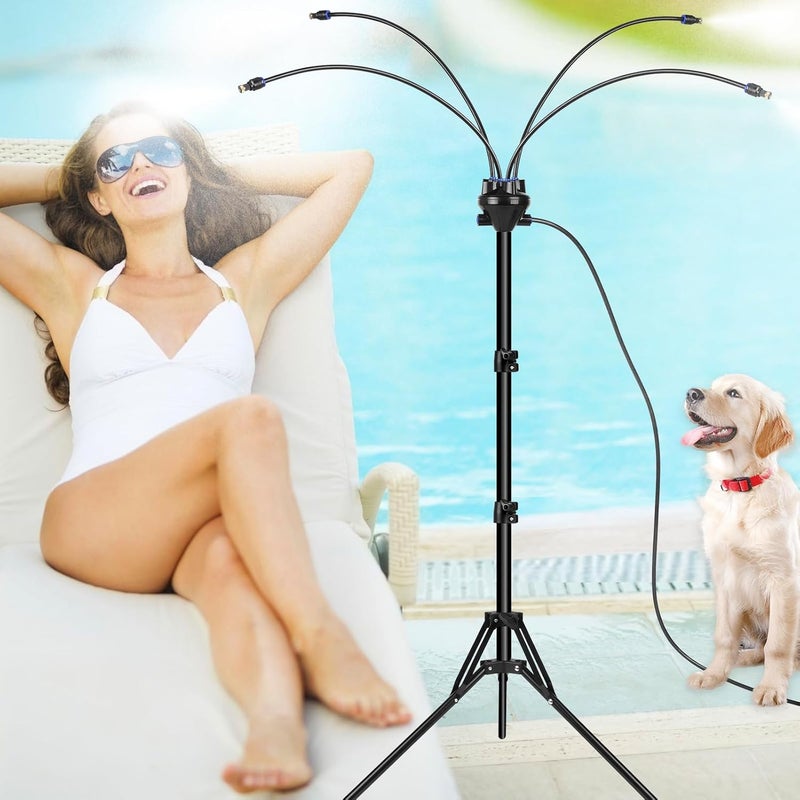 Stand Misters for Outside Patio, Adjustable 5.25F Misting System with Four Spray Heads & 26.2FT Water Hose, Portable Standing Misters Cooling System for Camping, Pool, BBQ, Beach & Backyard - Image 1