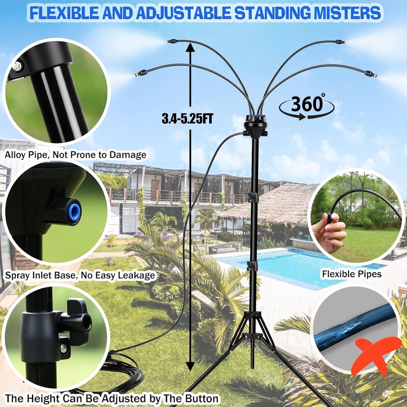Stand Misters for Outside Patio, Adjustable 5.25F Misting System with Four Spray Heads & 26.2FT Water Hose, Portable Standing Misters Cooling System for Camping, Pool, BBQ, Beach & Backyard - Image 2
