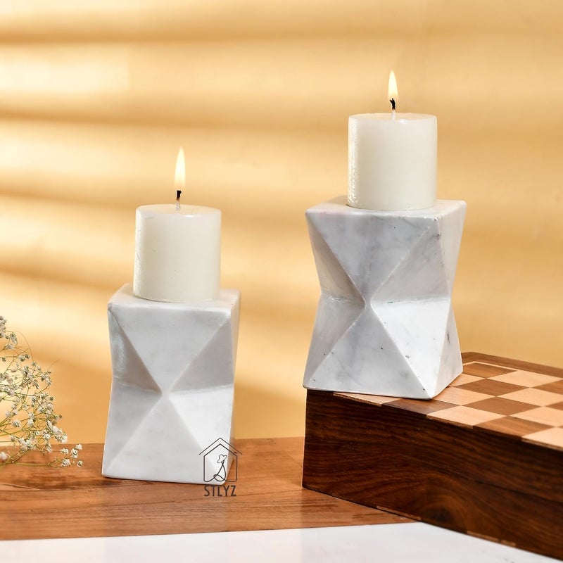 STLYZ White Marble Candle Holder with 40 mm Candle Handmade Decorative Tealight Candle Holder Stand for Home Decor Wedding Diwali Dinner Party Pack of 1