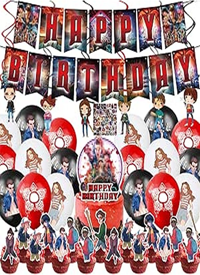Birthday Party Supplies For Stranger Movie Things,Stranger Birthday Party Decorations Includes 1 Banner,18 Balloons,1 Cake Topper,24 Cupcake Toppers,6 Hanging Swirls and 50 Stickers 