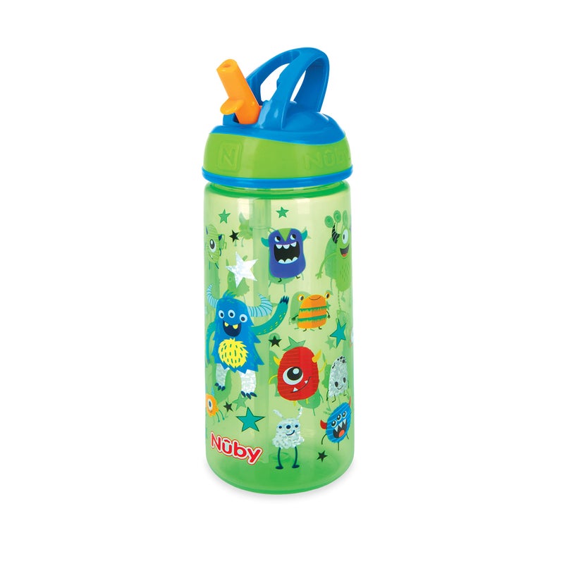 Nuby 2 Pack Iridescent PP Flip-it Kids On-The-Go Printed Water Bottle with Bite Proof Hard Straw - 18oz / 540 ml, 18+ Months, 2 pk, Robot & Friendly Monster Print - Image 2