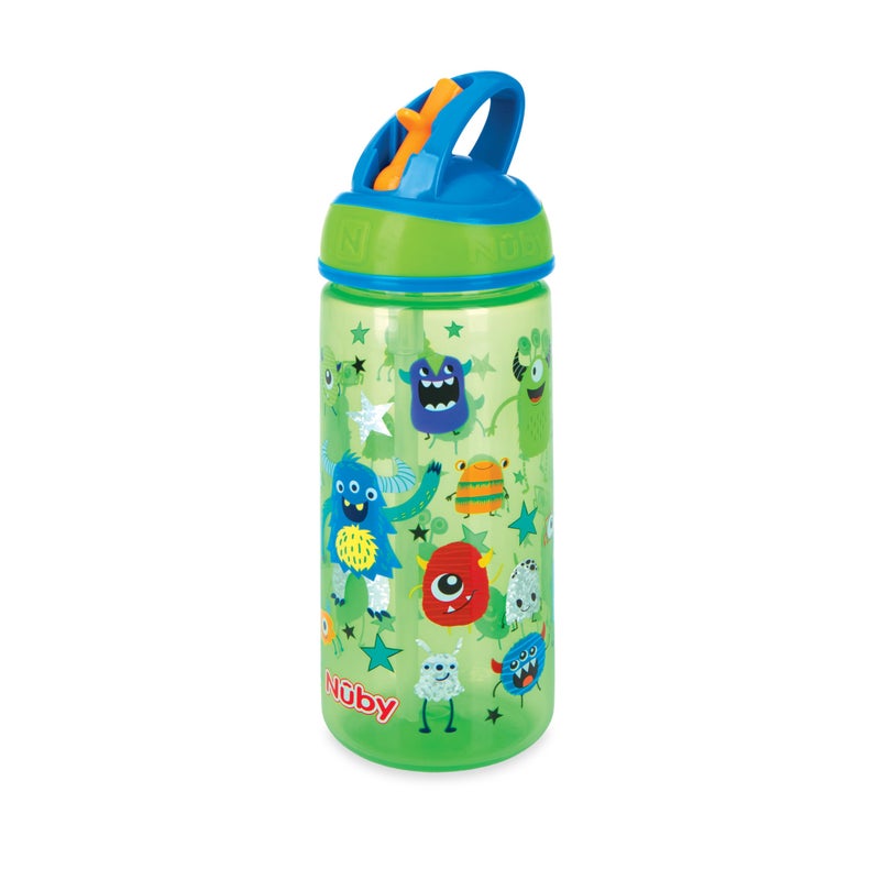 Nuby 2 Pack Iridescent PP Flip-it Kids On-The-Go Printed Water Bottle with Bite Proof Hard Straw - 18oz / 540 ml, 18+ Months, 2 pk, Robot & Friendly Monster Print - Image 3