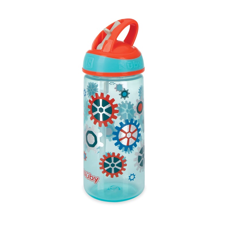 Nuby 2 Pack Iridescent PP Flip-it Kids On-The-Go Printed Water Bottle with Bite Proof Hard Straw - 18oz / 540 ml, 18+ Months, 2 pk, Robot & Friendly Monster Print - Image 5