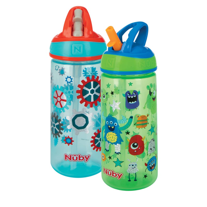 Nuby 2 Pack Iridescent PP Flip-it Kids On-The-Go Printed Water Bottle with Bite Proof Hard Straw - 18oz / 540 ml, 18+ Months, 2 pk, Robot & Friendly Monster Print - Image 1