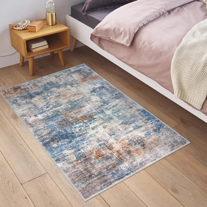 IOHOUZE Small Abstract Area Rug 2x3 Ft Entryway Rugs Washable Door Mat Indoor Entrance, Rubber Backed Throw Rugs, Printed Faux Wool Non Slip Floor Carpet for Foyer Front Door Sink, Blue Rust - Image 2