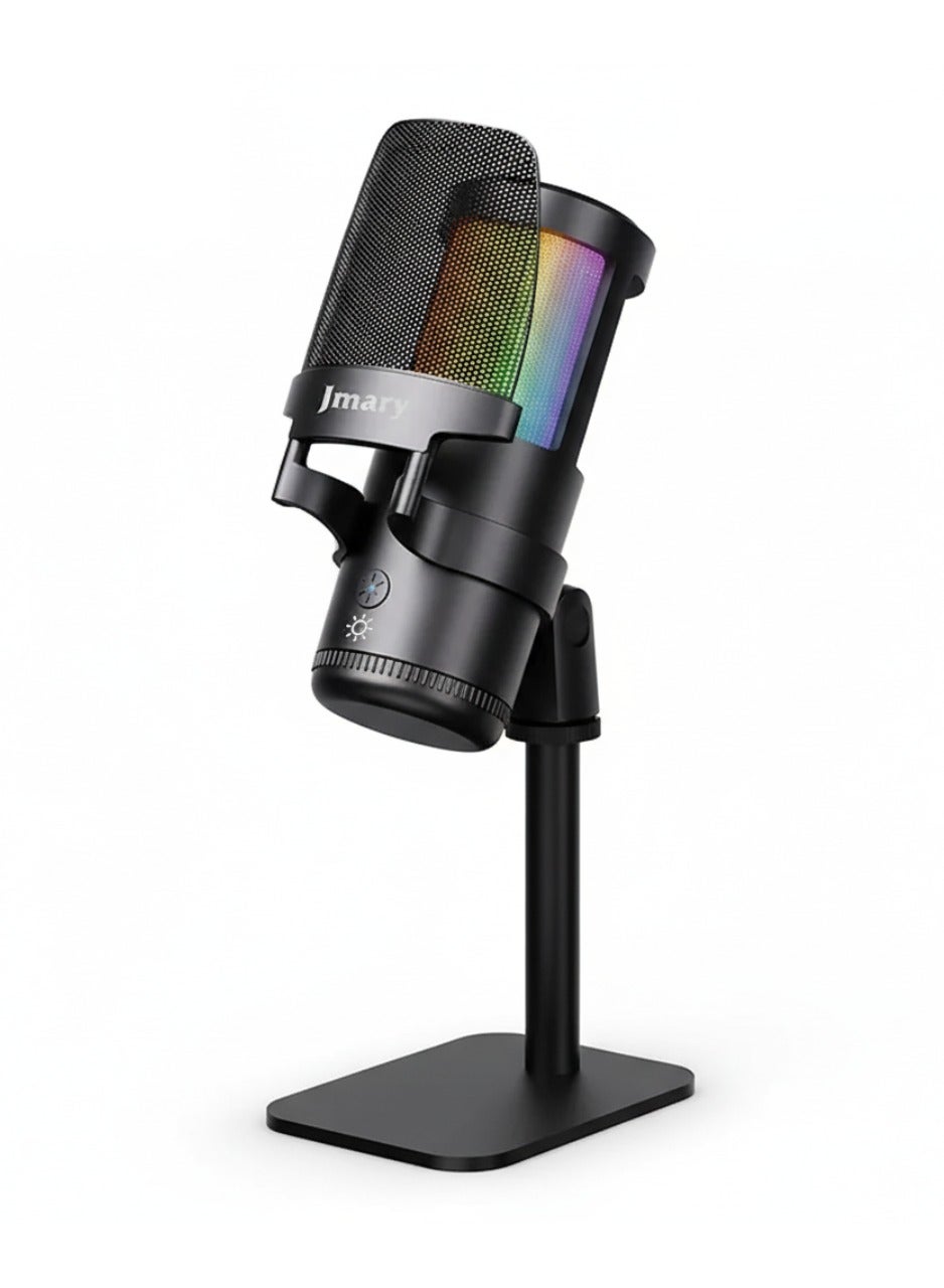 USB Podcast Microphone RGB for PC, Laptop & Mobile, Professional Condenser Mic with Tap-to-Mute, Gain Knob, Noise Cancellation, Zero-Latency Monitoring, RGB Gradient Lights, 360° Rotation, Shock Mount & Pop Filter MC-PW13