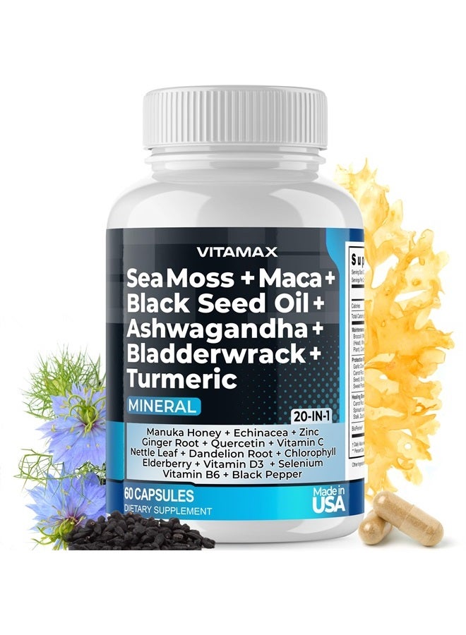 Vitamax Sea Moss 3000mg Maca 1000mg Black Seed Oil 2000mg Ashwagandha 1000mg Bladderwrack, Turmeric - Manuka, Elderberry, Vitamins C & D3, Chlorophyll, Zinc, Black Pepper - Made in USA (60 Count (Pack of 1) - Image 1