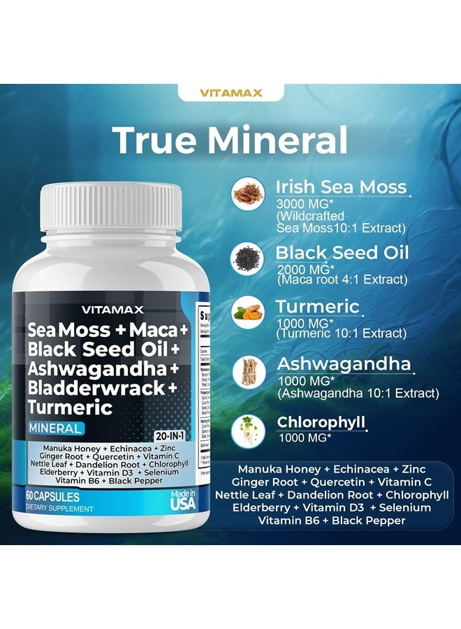 Vitamax Sea Moss 3000mg Maca 1000mg Black Seed Oil 2000mg Ashwagandha 1000mg Bladderwrack, Turmeric - Manuka, Elderberry, Vitamins C & D3, Chlorophyll, Zinc, Black Pepper - Made in USA (60 Count (Pack of 1) - Image 5