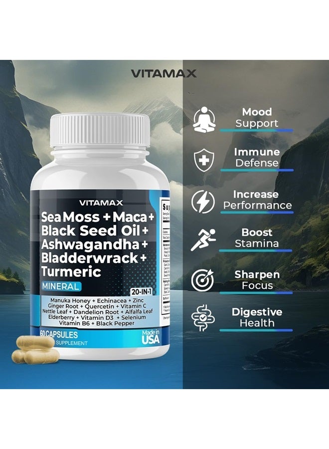 Vitamax Sea Moss 3000mg Maca 1000mg Black Seed Oil 2000mg Ashwagandha 1000mg Bladderwrack, Turmeric - Manuka, Elderberry, Vitamins C & D3, Chlorophyll, Zinc, Black Pepper - Made in USA (60 Count (Pack of 1) - Image 2