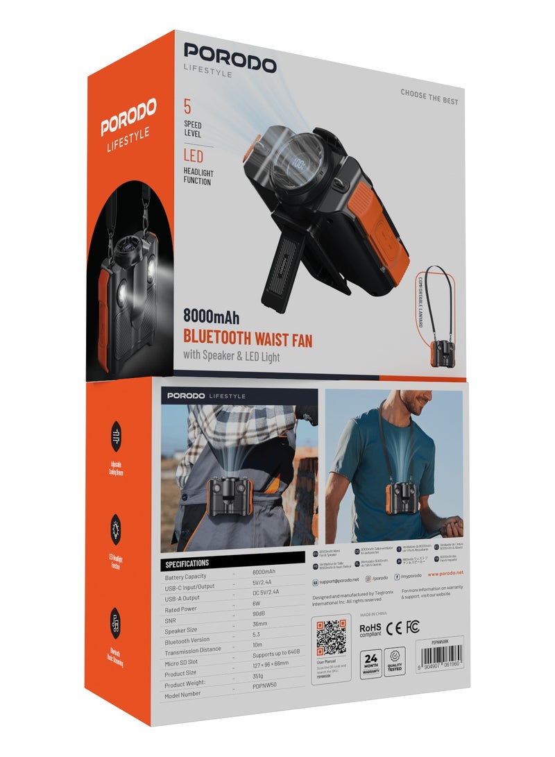 porodo Portable Neck Fan with Speaker & LED Light / Adjustable Cooling Breeze / 5 Speed Level / USB Charger / Bluetooth Waist Fan- Black/Orange - Image 5