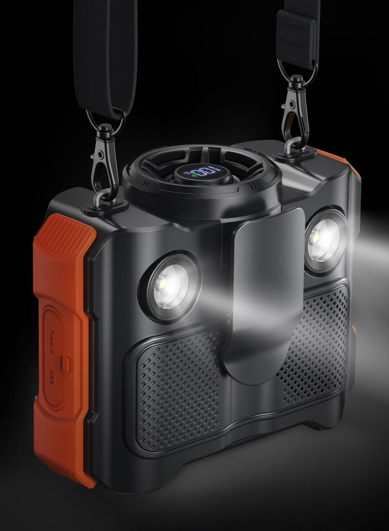 porodo Portable Neck Fan with Speaker & LED Light / Adjustable Cooling Breeze / 5 Speed Level / USB Charger / Bluetooth Waist Fan- Black/Orange - Image 2