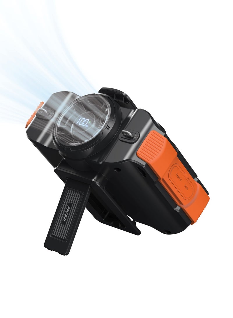 porodo Portable Neck Fan with Speaker & LED Light / Adjustable Cooling Breeze / 5 Speed Level / USB Charger / Bluetooth Waist Fan- Black/Orange - Image 1