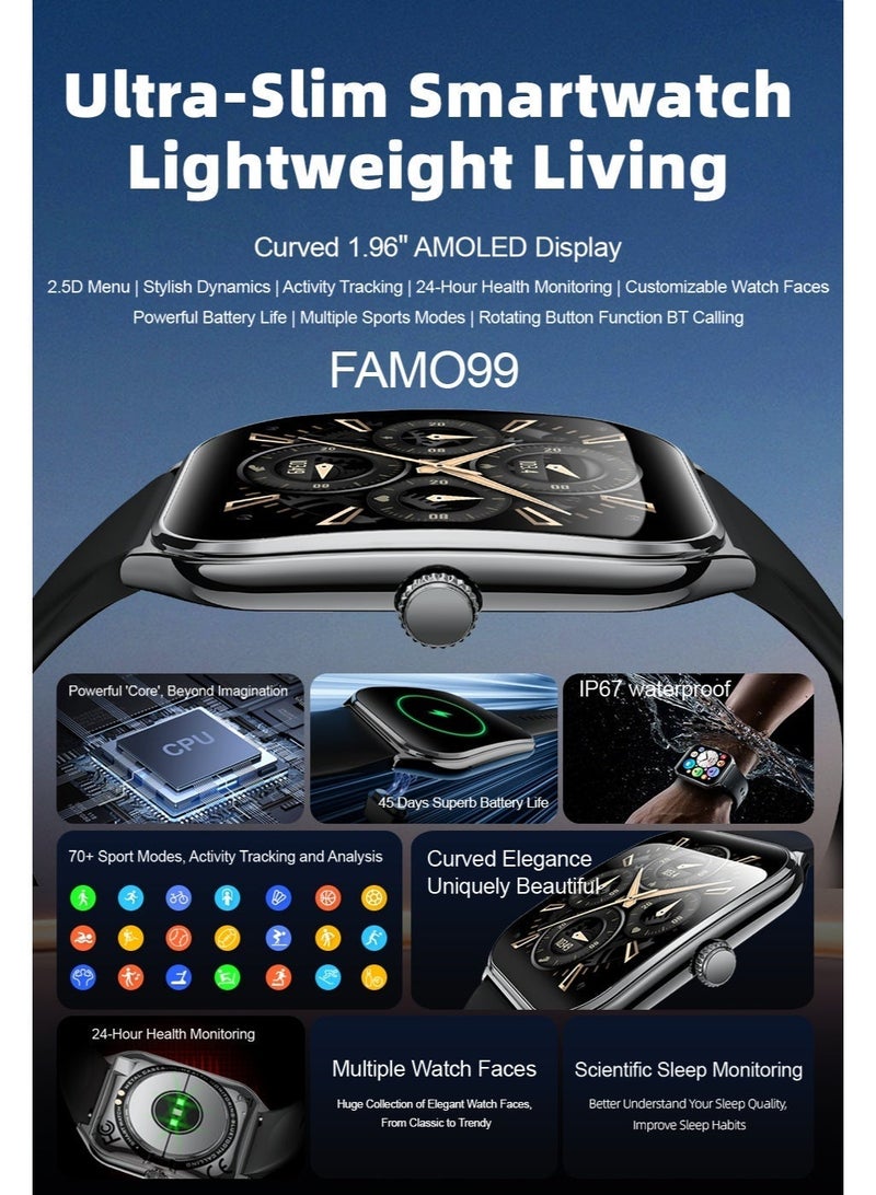 io suite iOsuite 1.95” Large AMOLED Curved Screen Smart Watch with Bluetooth Calling, Heart Rate, Blood Pressure, SpO2, Sleep & Fitness Tracking, IP68 Waterproof, Compatible with Android & iOS Smartphones – Black – FAMO89S Blk - Image 2