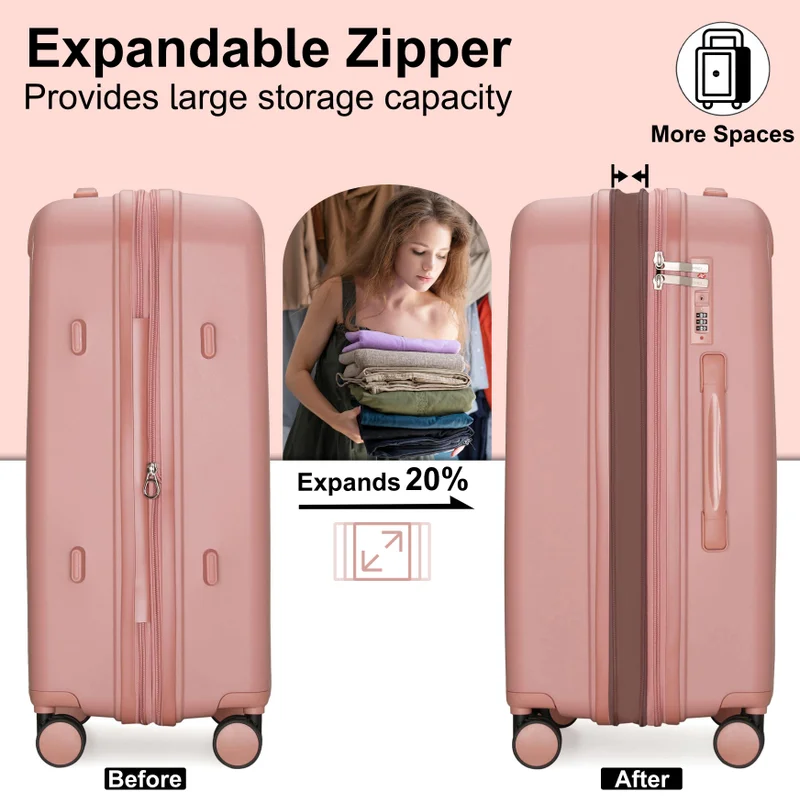 Cabinpro rose unisex expandable medium checked pp fashion trolley lightweight hard shell spinner luggage with 360° degree 4 twin wheel and double zippers cp003 - rose  | Best Price UAE