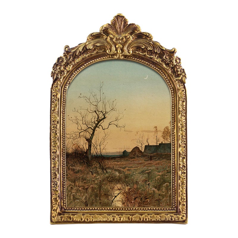 FOLKOR Canvas Wall Art with Vintage Gold Picture Frame, Countryside Village Landscape Posters Prints for Bedroom Dining Room Kitchen Decor, Retro Sunset Artwork for Home Office Gallery Wall, 5x7 - Image 1