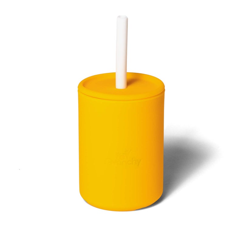 Avanchy Silicone Training Sippy Cup with Straw Lid Tiny Cup for Babies 6 Months to Toddlers 1 Year Old 5 oz Infant Water Cup for Baby Led Weaning Yellow