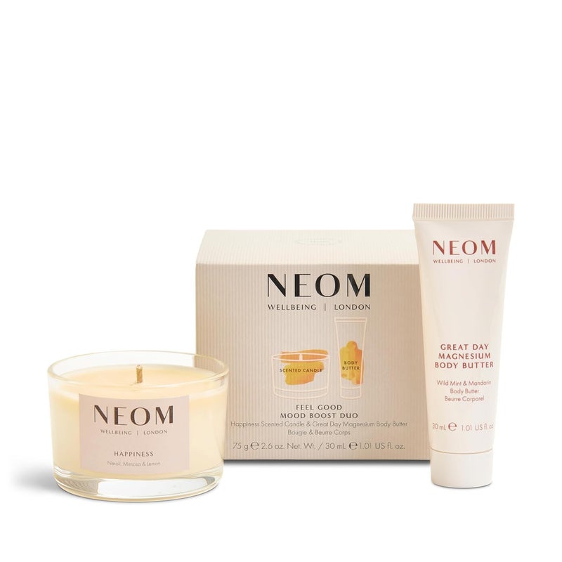 NEOM Feel Good Mood Boost Duo Gift Set Happiness Scented Candle Great Day Magnesium Body Butter - Image 1