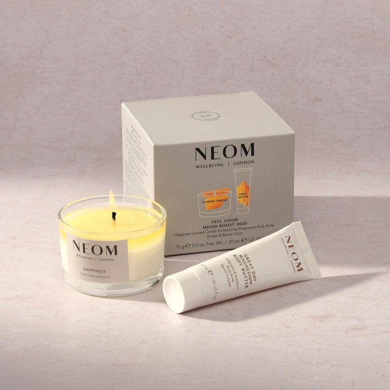NEOM Feel Good Mood Boost Duo Gift Set Happiness Scented Candle Great Day Magnesium Body Butter - Image 2