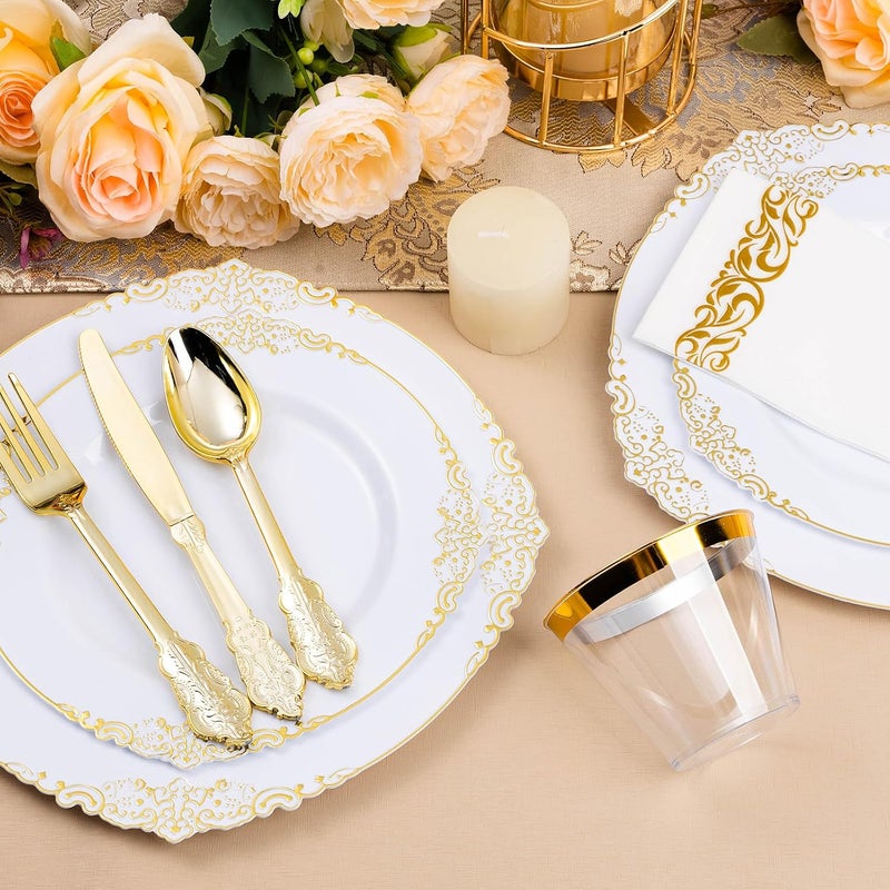 Bestluck 350PCS White and Gold Plastic Plates for 50 Guests, Disposable Dinnerware Set Includes 100 Disposable Plates, 150 Gold Silverware, 50 Cups, 50 Napkins for Party, Wedding and Easter - Image 3