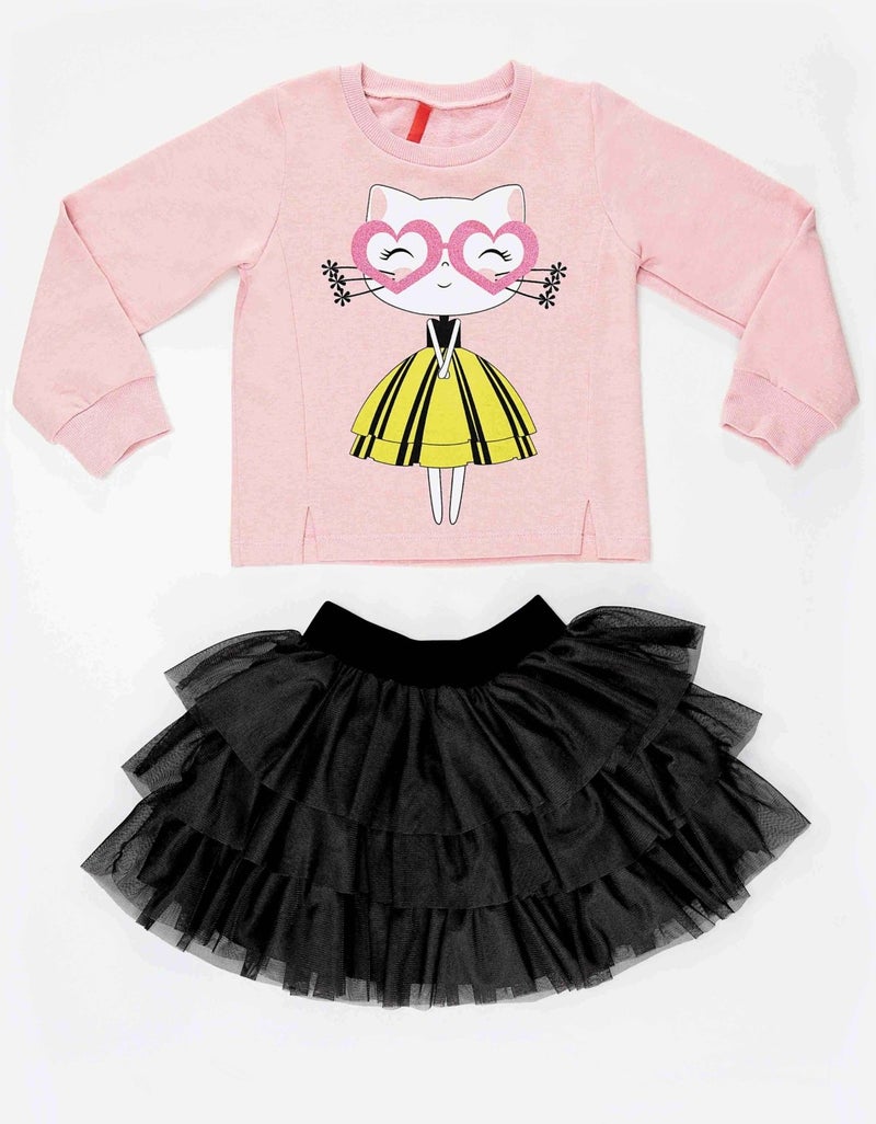 Denokids Heart Glasses Girl Tulle Sweatshirt Skirt Set  - Image 4