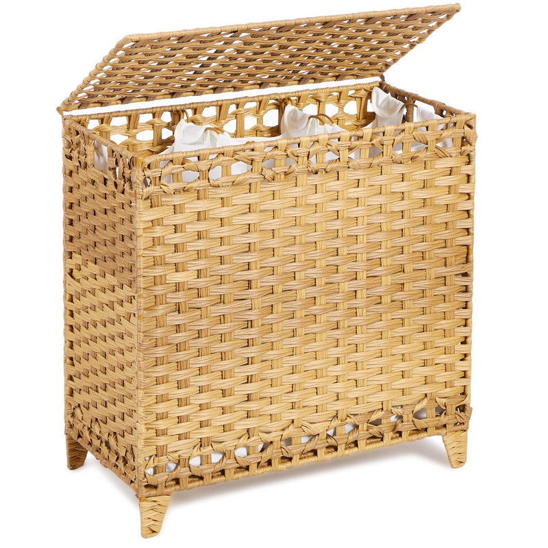 Hermina Laundry Hamper with 3 Removable Liner Bags; 132L Handwoven Rattan Laundry Basket with Lid & Heightened Feet; Clothes Hamper with Side Handles; Laundry Sorter with 3 Separate Sections (Natural) - Image 1