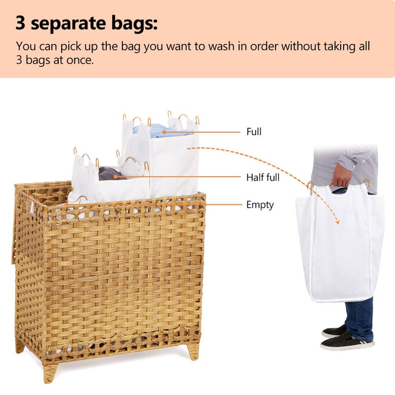 Hermina Laundry Hamper with 3 Removable Liner Bags; 132L Handwoven Rattan Laundry Basket with Lid & Heightened Feet; Clothes Hamper with Side Handles; Laundry Sorter with 3 Separate Sections (Natural) - Image 3