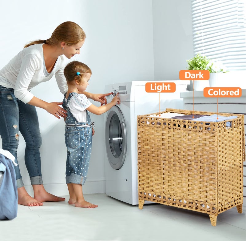 Hermina Laundry Hamper with 3 Removable Liner Bags; 132L Handwoven Rattan Laundry Basket with Lid & Heightened Feet; Clothes Hamper with Side Handles; Laundry Sorter with 3 Separate Sections (Natural) - Image 2