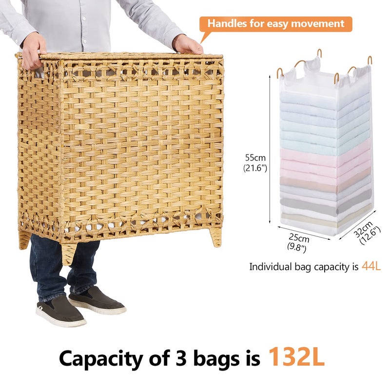 Hermina Laundry Hamper with 3 Removable Liner Bags; 132L Handwoven Rattan Laundry Basket with Lid & Heightened Feet; Clothes Hamper with Side Handles; Laundry Sorter with 3 Separate Sections (Natural) - Image 4