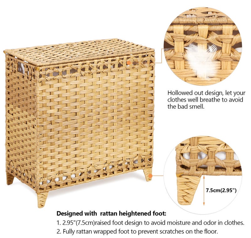 Hermina Laundry Hamper with 3 Removable Liner Bags; 132L Handwoven Rattan Laundry Basket with Lid & Heightened Feet; Clothes Hamper with Side Handles; Laundry Sorter with 3 Separate Sections (Natural) - Image 5