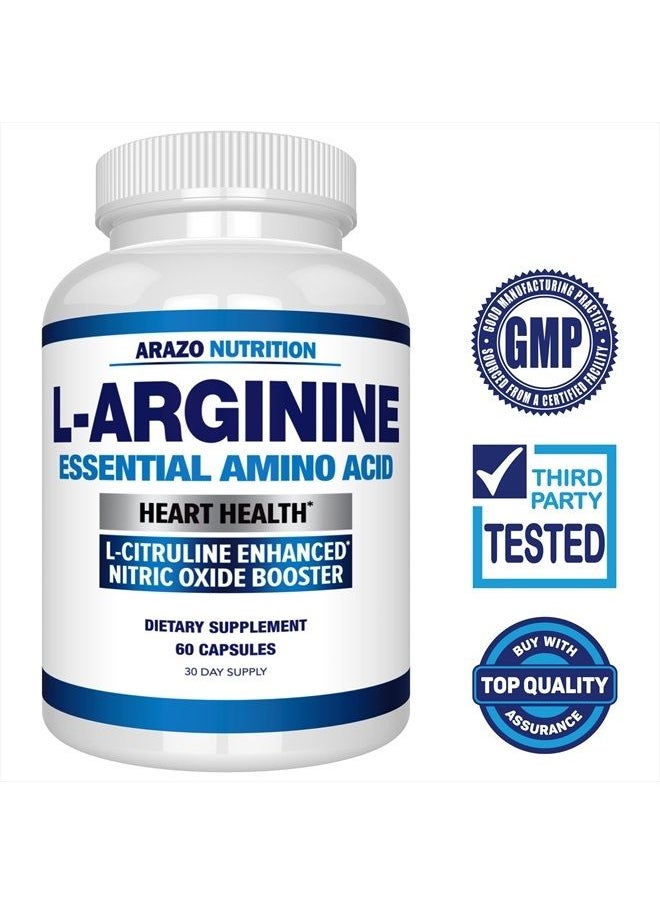 Arazo Nutrition Premium L Arginine - 1340mg Nitric Oxide Booster with L-Citrulline & Essential Amino Acids for Heart and Muscle Gain - Nitric Oxide Boost Supplement for Endurance and Energy - 60 Capsules  - Image 2