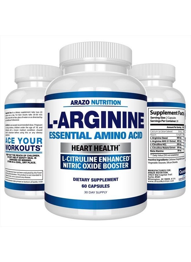 Arazo Nutrition - Premium L Arginine - 1340mg Nitric Oxide Booster with L-Citrulline & Essential Amino Acids for Heart and Muscle Gain - Nitric Oxide Boost Supplement for Endurance and Energy - 60 Capsules - Image 1