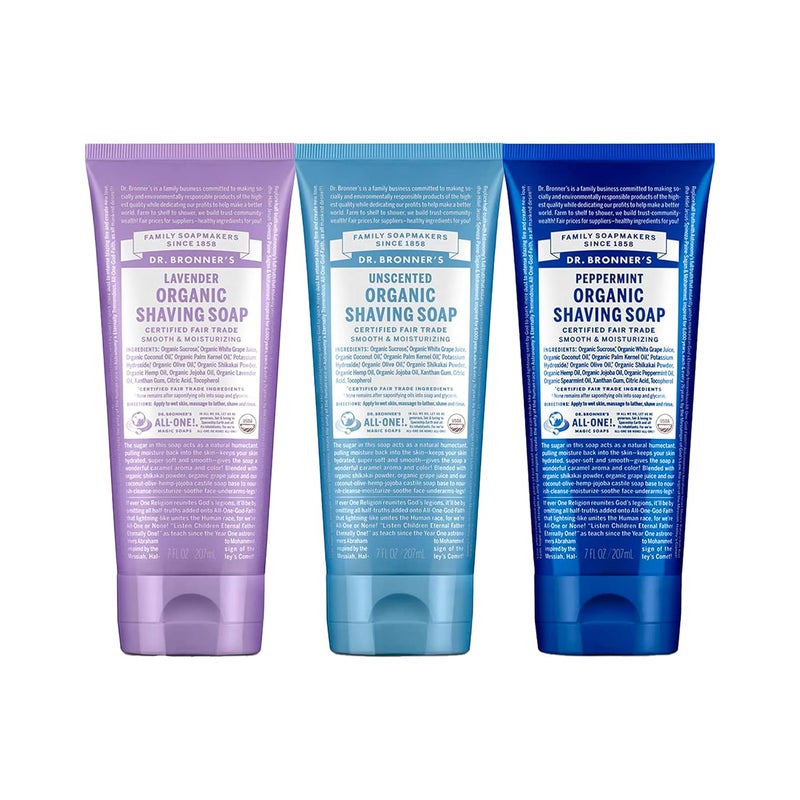 Dr Bronners  Organic Shaving Soap 7 oz Variety Pack Lavender Baby Unscented  Peppermint  Certified Organic Sugar  Shikakai Powder Moisturizes Use on Face Underarms  Legs  3 Count